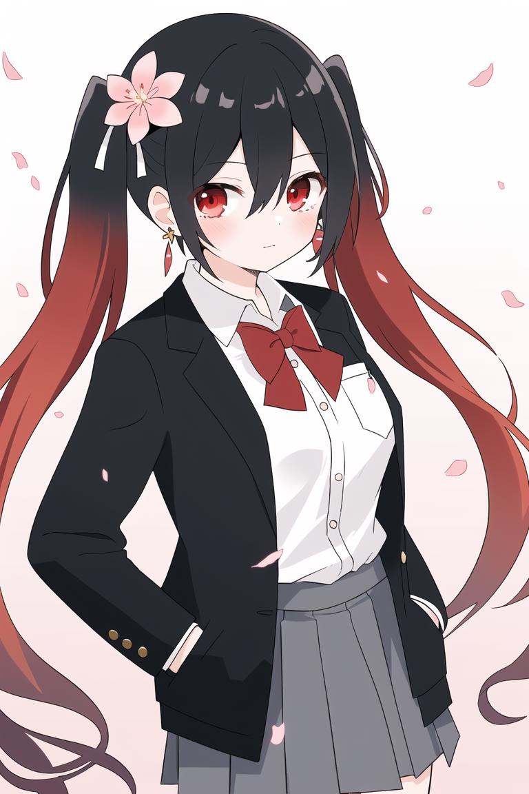 cowboy shot,1girl,solo,shirt,bow,bowtie,black hair,long hair,skirt,twintails,red eyes,jewelry,earrings,white shirt,hair flower,looking at viewer,hair ornament,hands in pockets,flower,red bow,ribbon,black skirt,pocket,petals,hair ribbon,collared shirt,pleated skirt,red bowtie,long sleeves,closed mouth,red ribbon,multicolored hair,gradient,breast pocket,cherry blossoms,gradient background,red hair,bangs,pink flower,hair between eyes,dress shirt,school uniform,very long hair,