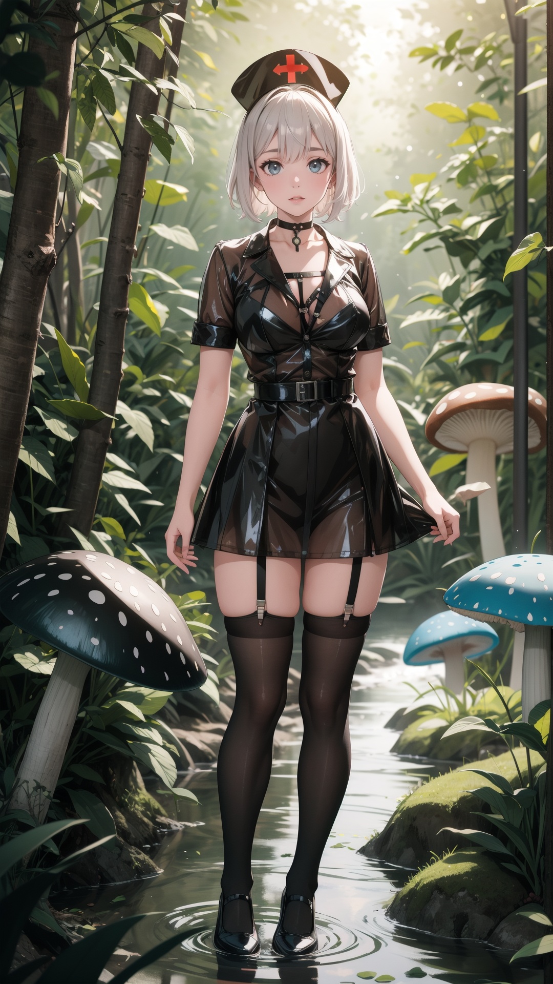 tutututu,bondage,solo,thighhighs,nurse cap,harness,see-through,nurse,choker,garter straps,black choker,garter belt,chest harness,skirt,<lora:black_ns-000001:0.6>,***** Alice in wonderland standing in stream,large mushrooms in background,highly detailed,Beautiful lighting,photoreal,4k,depth of field,night scene,light from godrays shining on ground,