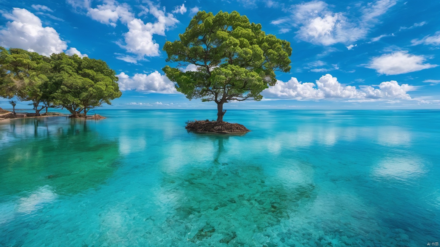  Overlooking,,(sea 99.9),(Representative), (boutique), Ultra HD, 
, reflection, masterpiece, true light and shadow, wide Angle, outdoors, sky, day, cloud, 
, tree, blue sky, no humans, nature, scenery, SDXL,