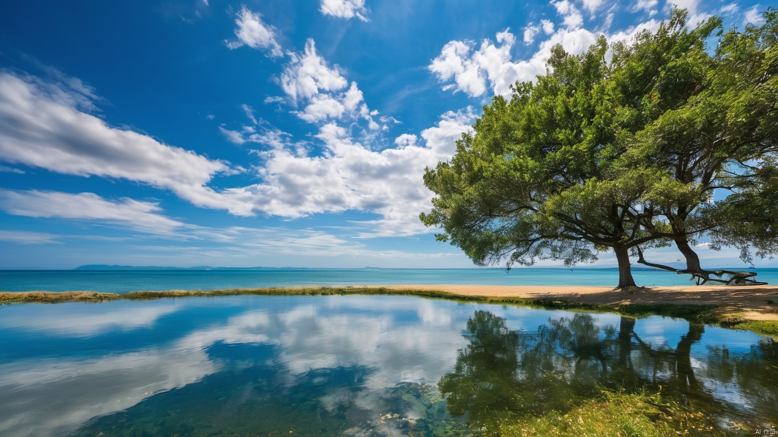 Overlooking,,(sea 99.9),(Representative), (boutique), Ultra HD, 
, reflection, masterpiece, true light and shadow, wide Angle, outdoors, sky, day, cloud, 
, tree, blue sky, no humans, nature, scenery, SDXL,