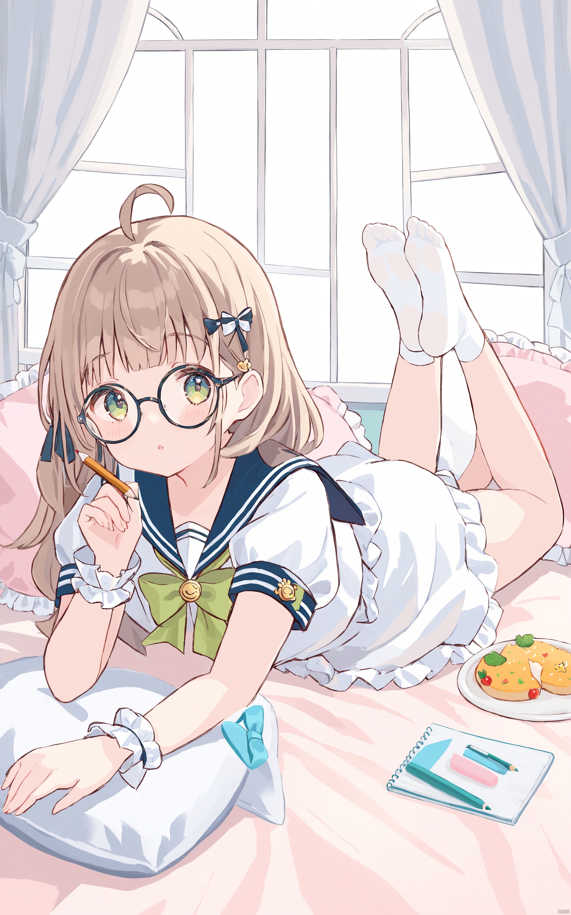  (masterpiece),(best quality) flat pencil, 1girl, solo, sailor collar, no shoes, short sleeves, glasses, socks, white socks, lying, bow, puffy sleeves, blush, hair bow, wrist cuffs, puffy short sleeves, frills, round eyewear, on stomach, dress, long hair, ahoge, green bow, window, soles, bangs, curtains, pillow, looking at viewer, holding pencil, food, holding, sailor dress, white dress, hair ornament, frilled pillow, pencil, parted lips, plate