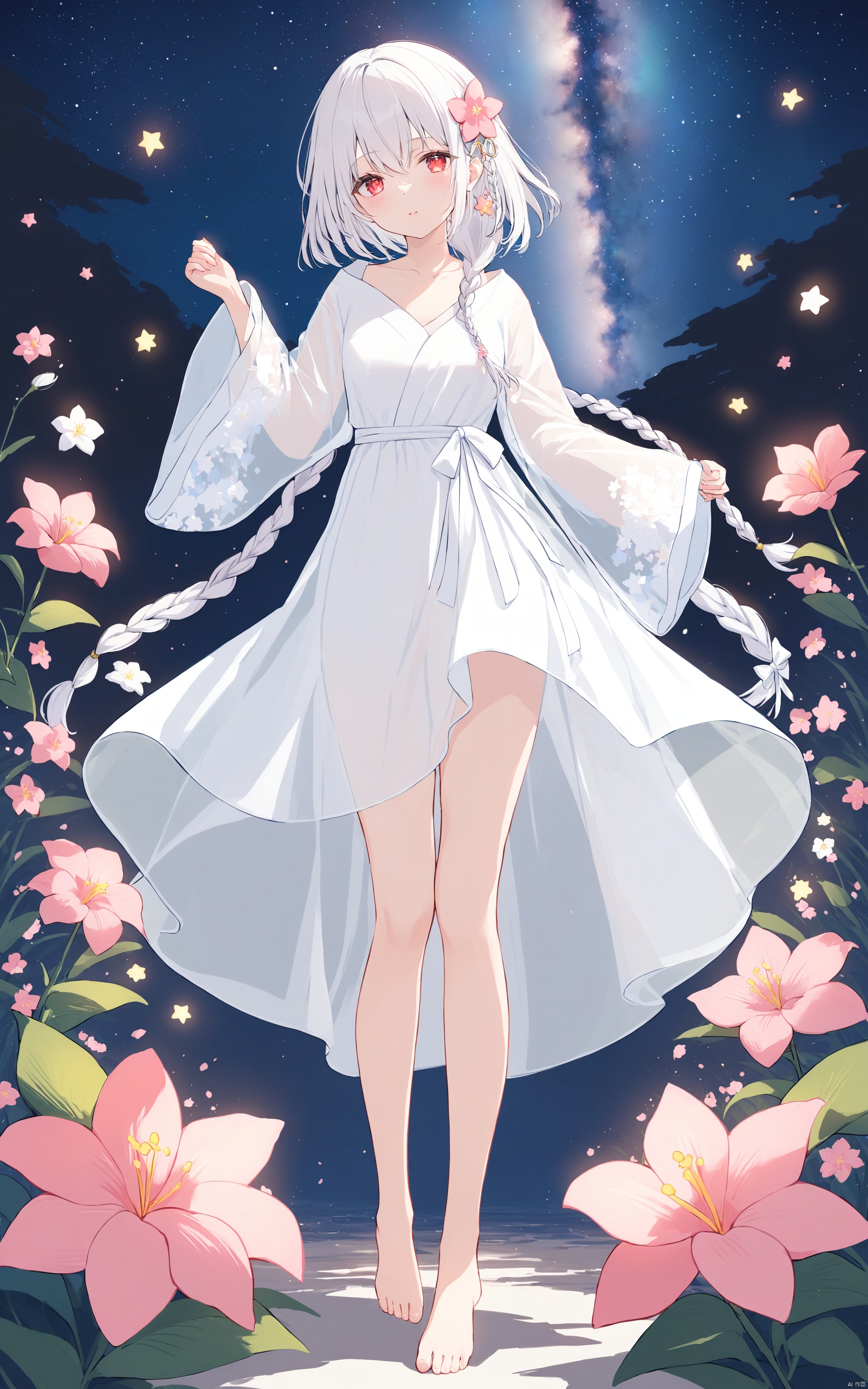 (masterpiece),(best quality) 1girl, solo, see-through, barefoot, hair over shoulder, see-through sleeves, braid, bangs, pink flower, single braid, dress, star \(symbol\), white hair, flower, wide sleeves, white dress, long sleeves, full body, hair between eyes, bare legs, parted lips, looking at viewer, side braid, standing, red eyes, white kimono, star \(sky\), collarbone, hair ornament