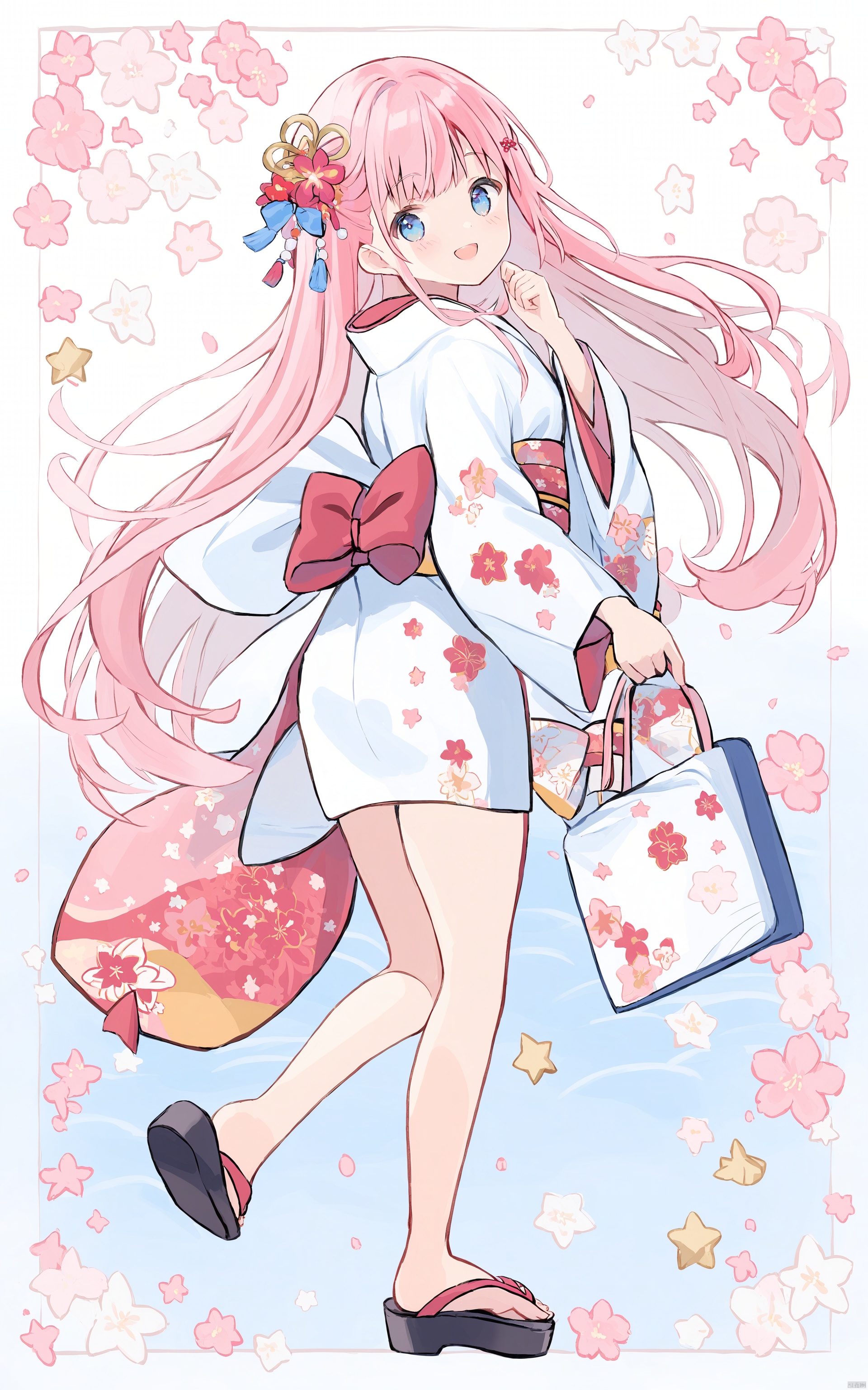  (masterpiece),(best quality) flat pencil, 1girl, solo, kimono, japanese clothes, blue eyes, long hair, wide sleeves, pink hair, long sleeves, smile, obi, sash, bangs, full body, blush, white kimono, very long hair, floral print, holding, hair ornament, looking at viewer, zouri, print kimono, star \(symbol\), shoe soles, bow, standing on one leg, standing, looking back, signature, hand up, :d