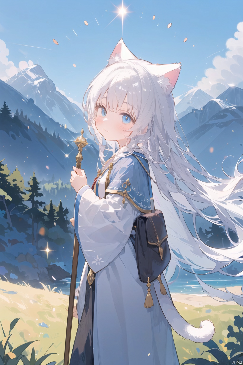  (a magical cat girl in wizard attire amidst majestic mountains:1.2), a breathtaking scene unfolds as a white-haired cat girl, adorned in a mesmerizing wizard's outfit, finds herself amidst towering mountains, (a mystical realm of nature's beauty:1.2), where the mountains stand tall and proud, veiled in an aura of enchantment and wonder, (elegant robes blending with the landscape:1.1), her flowing wizard robes harmonizing with the earthy tones of the mountains, (whimsical cat ears and tail contrasting with the grandeur:1.1), her playful feline features adding a touch of charm to the majestic scenery, (sparkling magical artifacts resonating with nature:1.1), her staff emitting a soft glow that resonates with the energy of the mountains, (wise and serene expression amidst the grandeur:1.1), her eyes reflecting a deep connection with the natural world, (dynamic pose embracing the mountain's power:1.1), capturing the cat girl's grace and harmony as she harnesses the magic of the mountains, inviting viewers to embark on a mystical journey through nature's realm, creating a moment of awe and reverence., 372089