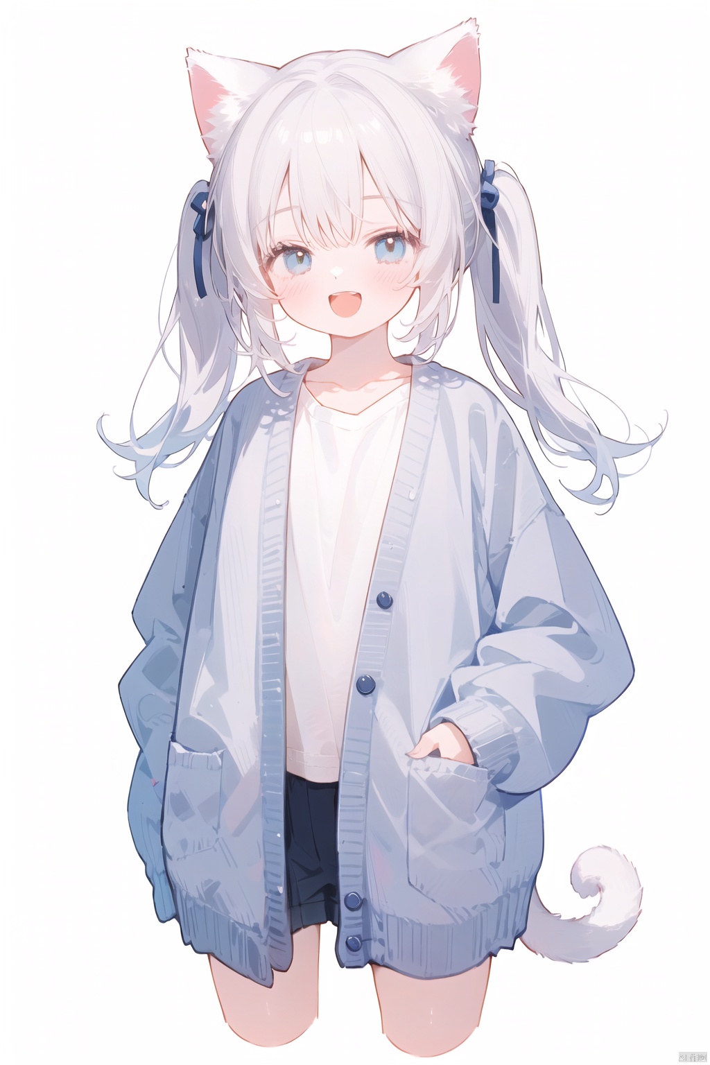 1girl, solo,catgirl,cat ears,cat tail,white hair, twintails, blush, smile, shirt, white shirt, long shirt, ^ ^, brown cardigan, cardigan, closed eyes, collarbone, cropped legs, long sleeves, sleeves past fingers, sleeves past wrists, upper teeth only, teeth, white background
