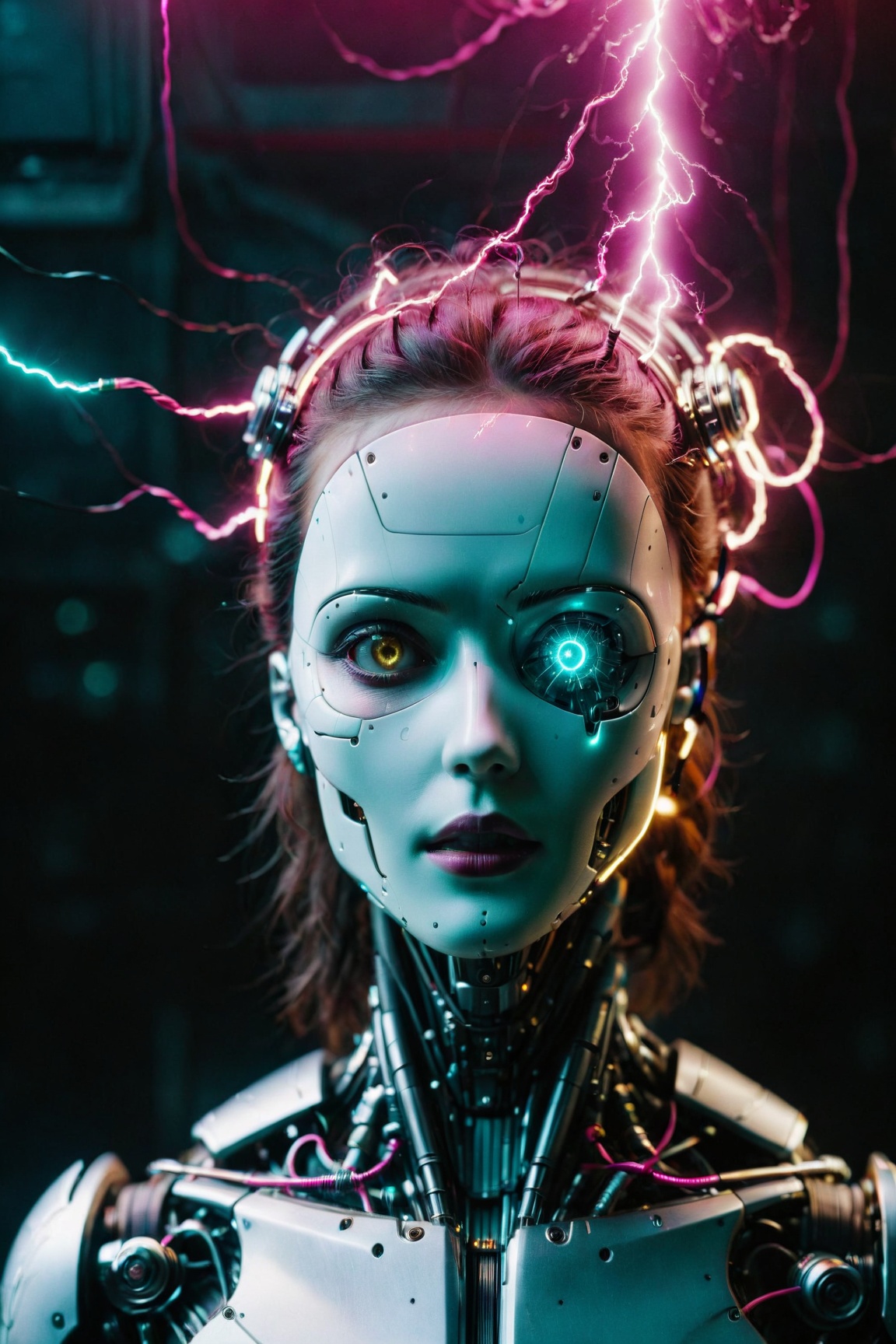 biomechanical style cinematic photo cinematic film still the head of a female cyborg,  by Ralph McQuarrie,  by Aaron Horke...