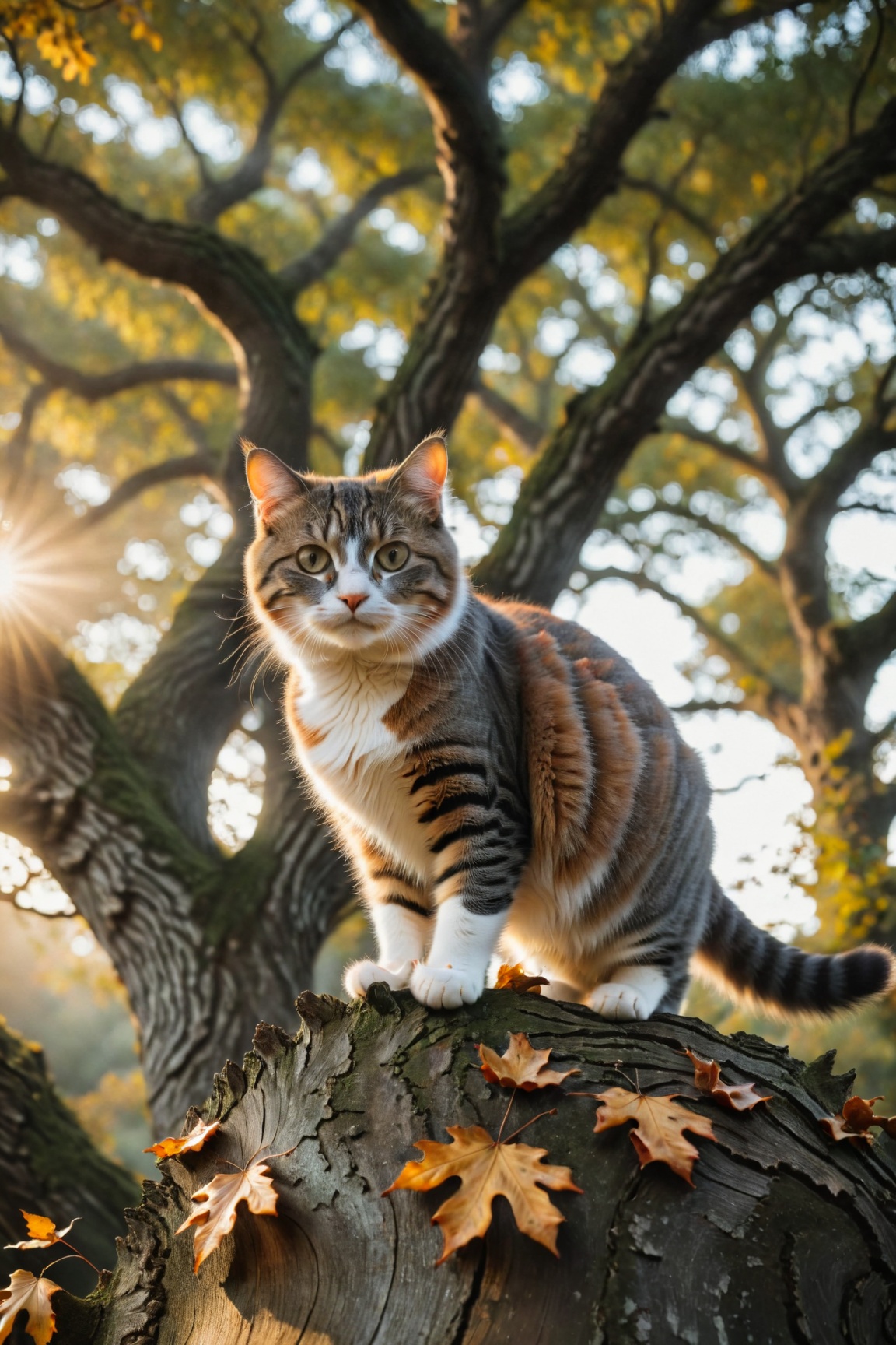HDR photo of cinematic photo cinematic still photo of a Cat poised gracefully atop an ancient oak tree,  autumn leaves flu...