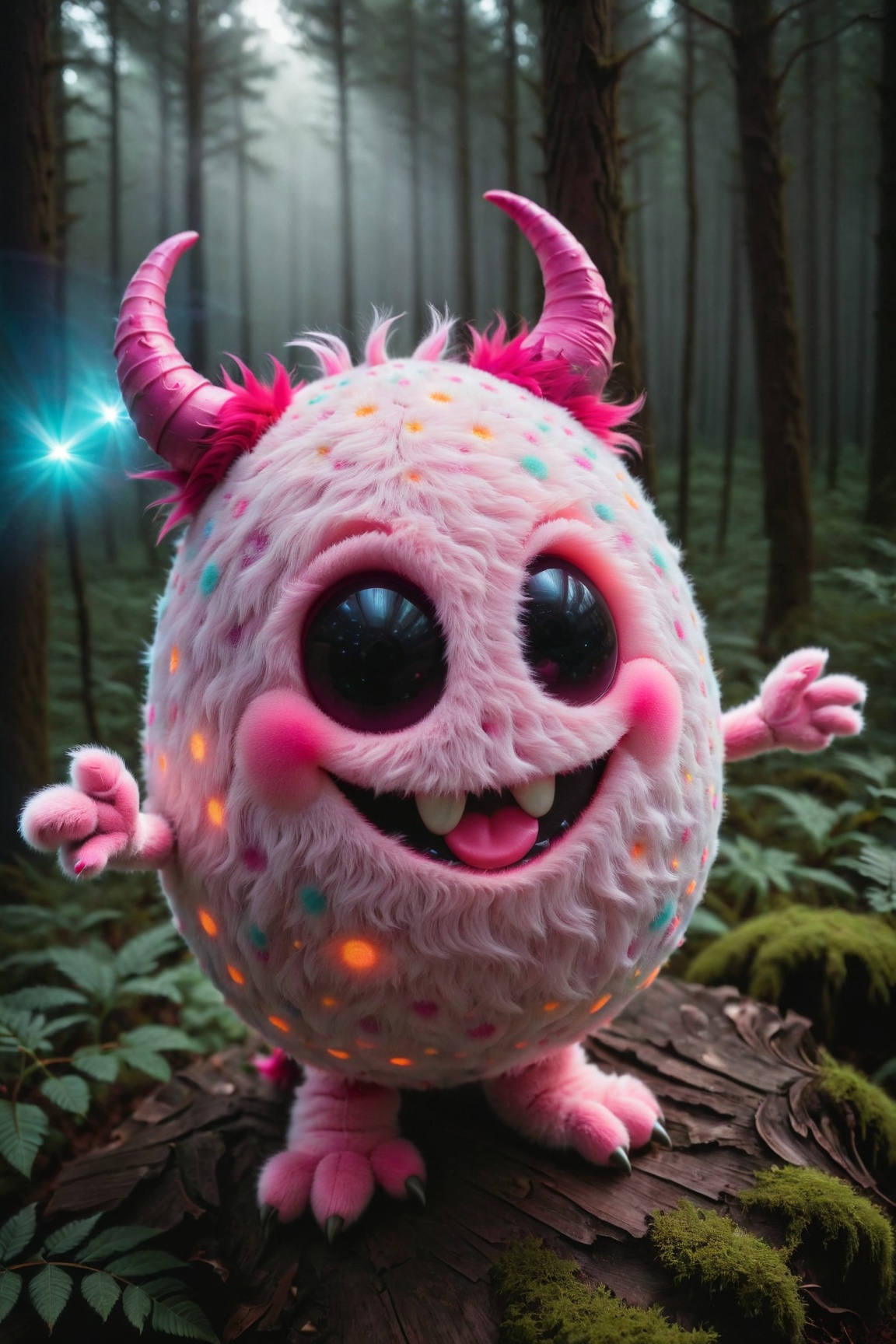 Light Cheery Atmosphere,  photograph cinematic still robust bioluminescent vivid adorable cute smiling pink and purple pol...