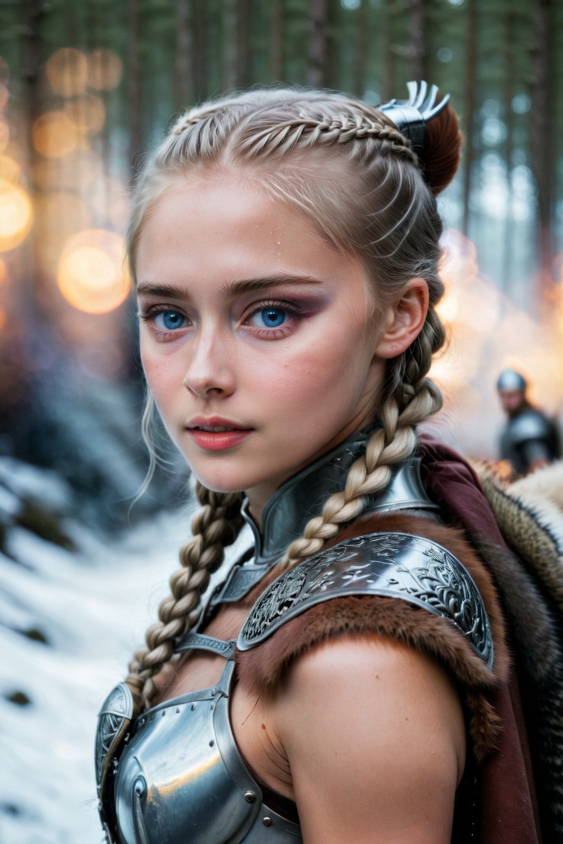 cinematic film still A fiercely proud Nordic girl stands,  her presence exuding unwavering strength. Her blonde braids cas...