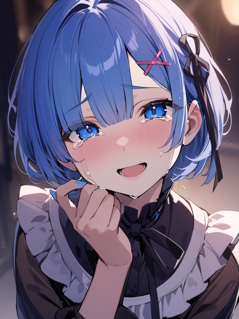 <lora:雷姆S68XL:1>,rem,1girl,solo,looking at viewer,smile,short hair,open mouth,bangs,blue eyes,hair ornament,ribbon,blue hair,hair ribbon,tears,nail polish,black ribbon,neck ribbon,crying,x hair ornament,blue nails,crying with eyes open,, masterpiece, best quality, masterpiece, best quality