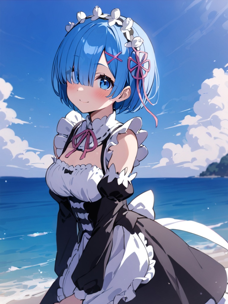 rem,1girl,solo,looking at viewer,blush,smile,short hair,blue eyes,hair ornament,ribbon,blue hair,hair ribbon,detached sleeves,outdoors,sky,hair over one eye,maid,maid headdress,ocean,x hair ornament,pink ribbon,roswaal mansion maid uniform,<lora:雷姆S68XL:1>,, masterpiece, best quality