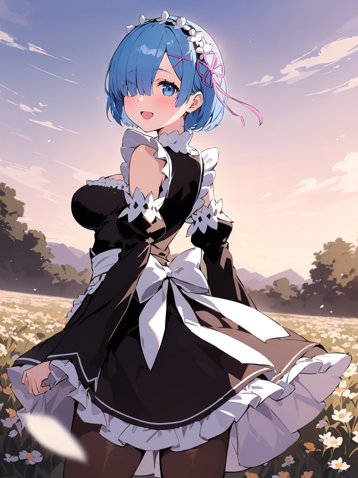 <lora:雷姆S68XL:1>,rem,1girl,solo,breasts,looking at viewer,smile,short hair,open mouth,bangs,blue eyes,hair ornament,long sleeves,dress,ribbon,medium breasts,blue hair,hair ribbon,flower,pantyhose,frills,detached sleeves,outdoors,sky,looking back,hair over one eye,black dress,maid,maid headdress,x hair ornament,field,roswaal mansion maid uniform,flower field,, masterpiece, best quality, masterpiece, best quality