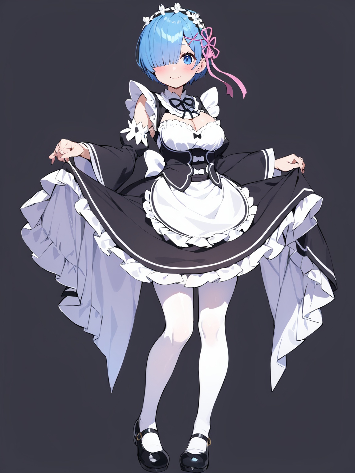 <lora:雷姆S68XL:1>,1girl,solo,roswaal mansion maid uniform,blue hair,blue eyes,short hair,maid,hair over one eye,black background,detached sleeves,ribbon,hair ornament,white pantyhose,smile,pantyhose,full body,shoes,looking at viewer,simple background,frills,x hair ornament,mary janes,apron,hair ribbon,cleavage,medium breasts,maid headdress,standing,black footwear,dress,pink ribbon,blush,white apron,, masterpiece, best quality, masterpiece, best quality
