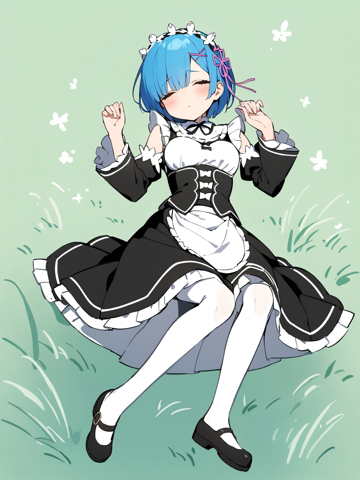 <lora:雷姆S68XL:1>,rem,1girl, solo, blush, short hair, bangs, hair ornament, long sleeves, dress, ribbon, closed mouth, blue hair, full body, closed eyes, hair ribbon, pantyhose, lying, frills, detached sleeves, shoes, black footwear, apron, maid, sleeping, grass, x hair ornament, waist apron, white apron, mary janes, green background, white pantyhose, roswaal mansion maid uniform, masterpiece, best quality