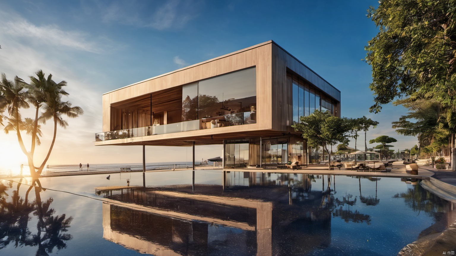  Overlooking,,(Architecture 99.9),(Representative), (boutique), Ultra HD, 
, reflection, masterpiece, true light and shadow, wide Angle, outdoors, sky, day, cloud, 
, tree, blue sky, no humans, nature, scenery, SDXL, beach