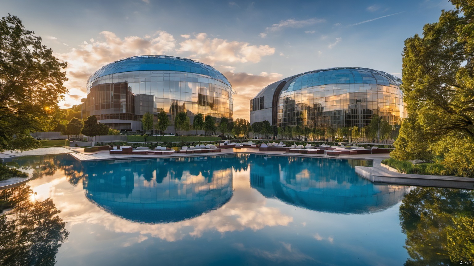  Overlooking,,(Architecture 99.9),(Representative), (boutique), Ultra HD, 
, reflection, masterpiece, true light and shadow, wide Angle, outdoors, sky, day, cloud, 
, tree, blue sky, no humans, nature, scenery, SDXL,