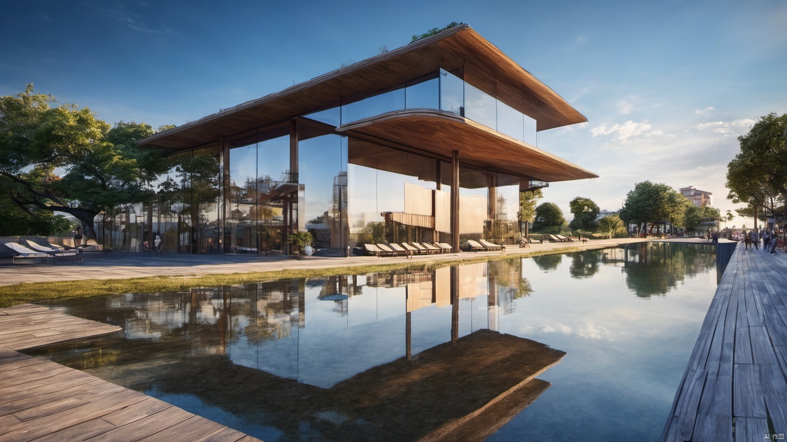  Overlooking,,(Architecture 99.9),(Representative), (boutique), Ultra HD, 
, reflection, masterpiece, true light and shadow, wide Angle, outdoors, sky, day, cloud, 
, tree, blue sky, no humans, nature, scenery, SDXL, beach
