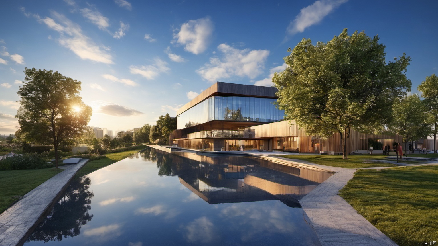  Overlooking,,(Architecture 99.9),(Representative), (boutique), Ultra HD, 
, reflection, masterpiece, true light and shadow, wide Angle, outdoors, sky, day, cloud, 
, tree, blue sky, no humans, nature, scenery, SDXL,