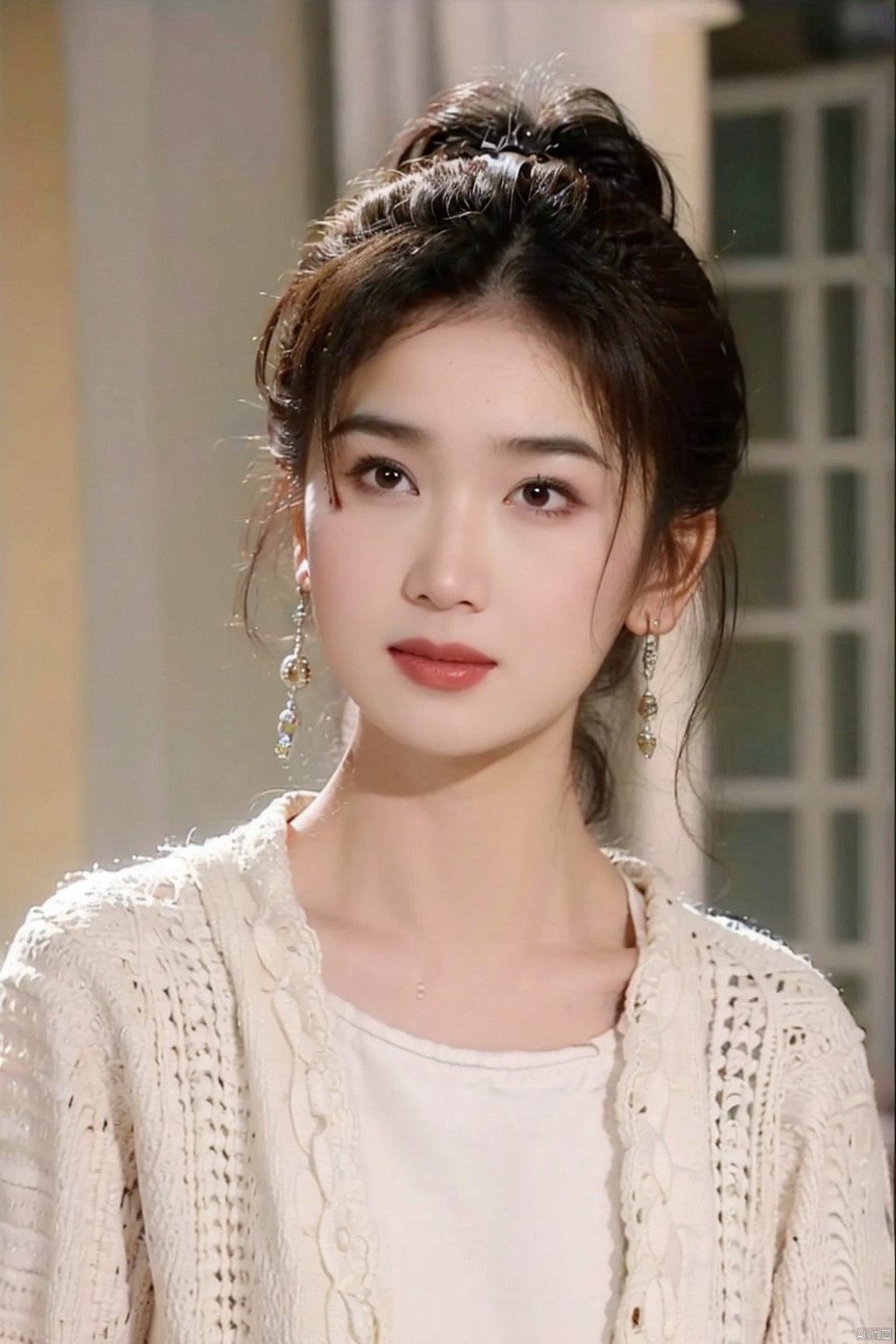  perfect facial features ratio, perfect figure, white skin, stunning beauty, beautiful, gentle and simple, big eyes, double eyelids, single ponytail, charming smile, natural beauty, charming, ruby earrings, beautiful, romantic, Short hair, wearing a sweatshirt 1girl