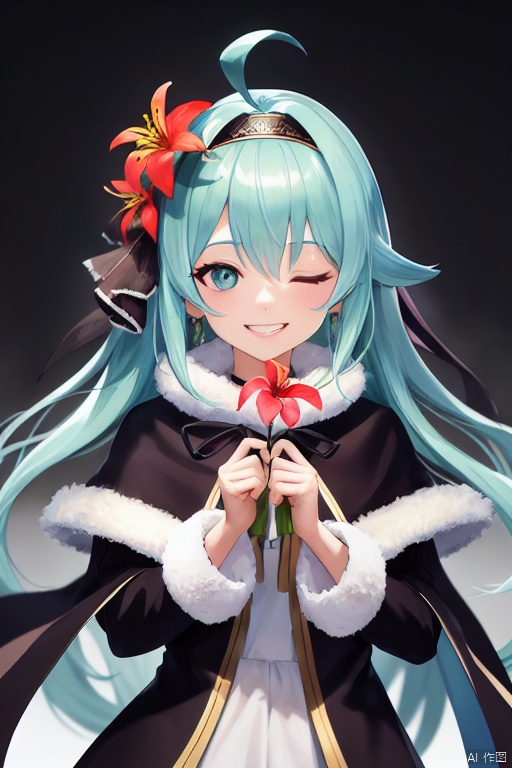 highres, best quality, 1girl, ahoge, ainu clothes, aqua eyes, aqua hair, capelet, commentary, dress, flower, fur-trimmed capelet, fur trim, gold trim, green ribbon, grin, hair flower, hair ornament, headband, highres, holding, holding flower, lily of the valley, long hair, mallope, neck ribbon, one eye closed, by artist Phil Noto