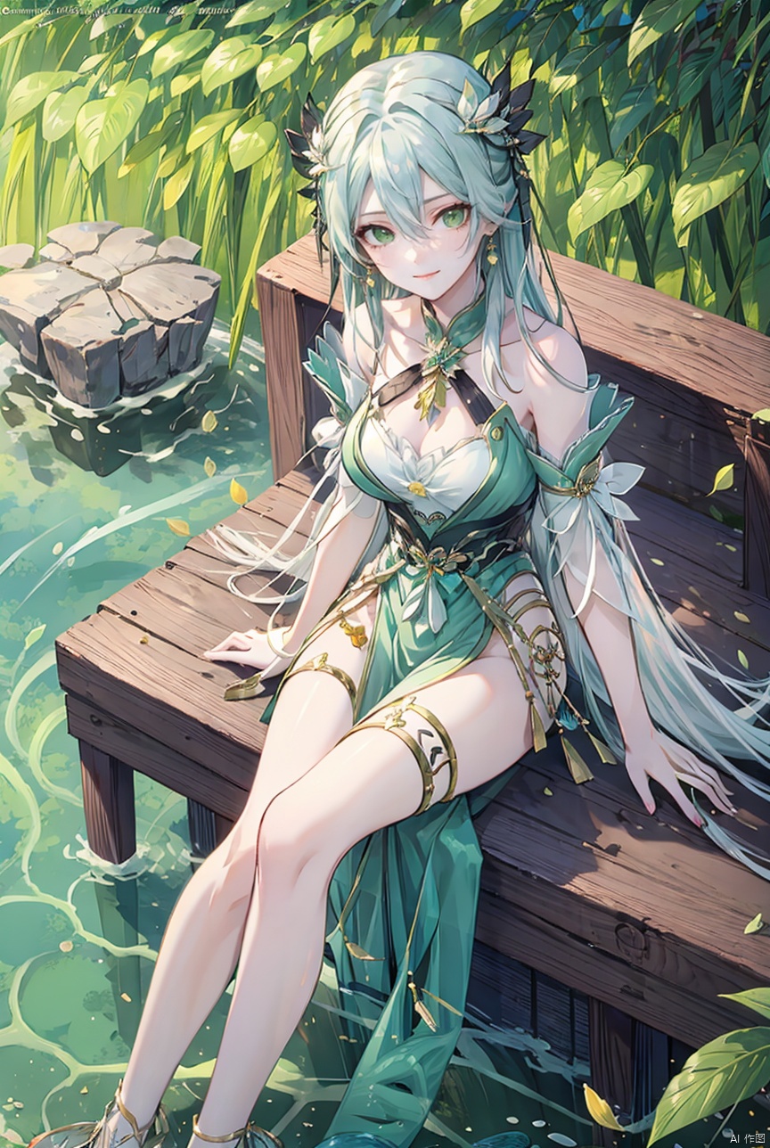 1girl, solo, long hair, breasts, looking at viewer, smile, bangs, hair ornament, dress, hair between eyes, bare shoulders, sitting, closed mouth, green eyes, white hair, outdoors, detached sleeves, white dress, lips, watermark, leaf hair ornament,whole body,long legs, yeqinxian, lora_eyes10