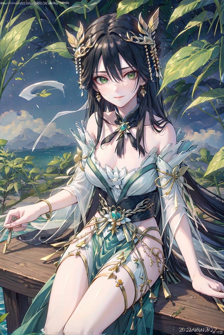 1girl, solo, long hair, breasts, looking at viewer, smile, bangs, hair ornament, dress, hair between eyes, bare shoulders, sitting, closed mouth, green eyes, white hair, outdoors, detached sleeves, white dress, lips, watermark, leaf hair ornament,whole body,long legs, yeqinxian, lora_eyes10