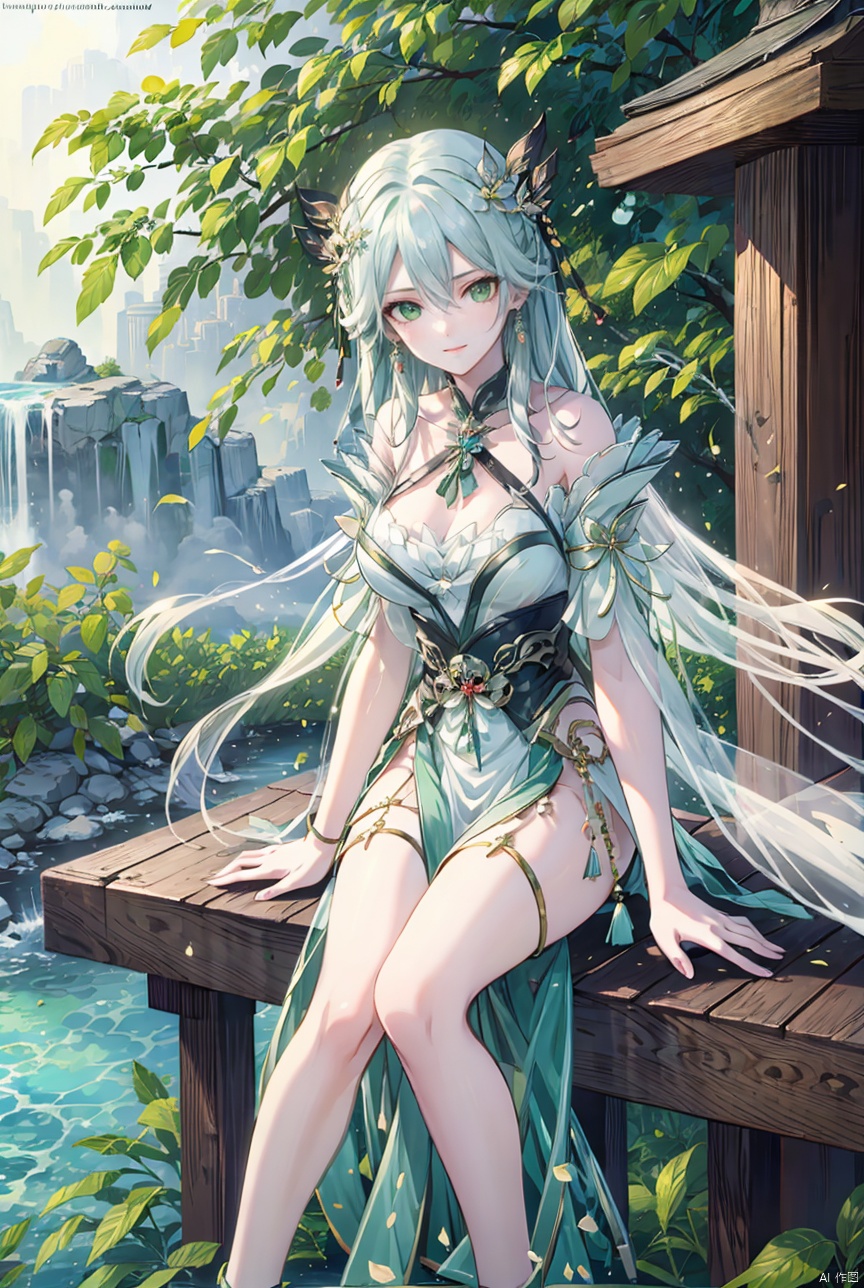 1girl, solo, long hair, breasts, looking at viewer, smile, bangs, hair ornament, dress, hair between eyes, bare shoulders, sitting, closed mouth, green eyes, white hair, outdoors, detached sleeves, white dress, lips, watermark, leaf hair ornament,whole body,long legs, yeqinxian, lora_eyes10
