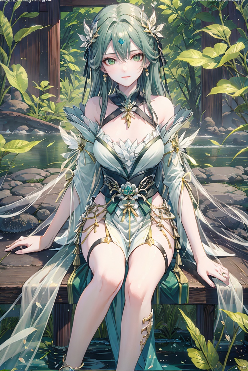 1girl, solo, long hair, breasts, looking at viewer, smile, bangs, hair ornament, dress, hair between eyes, bare shoulders, sitting, closed mouth, green eyes, white hair, outdoors, detached sleeves, white dress, lips, watermark, leaf hair ornament,whole body,long legs, yeqinxian, lora_eyes10