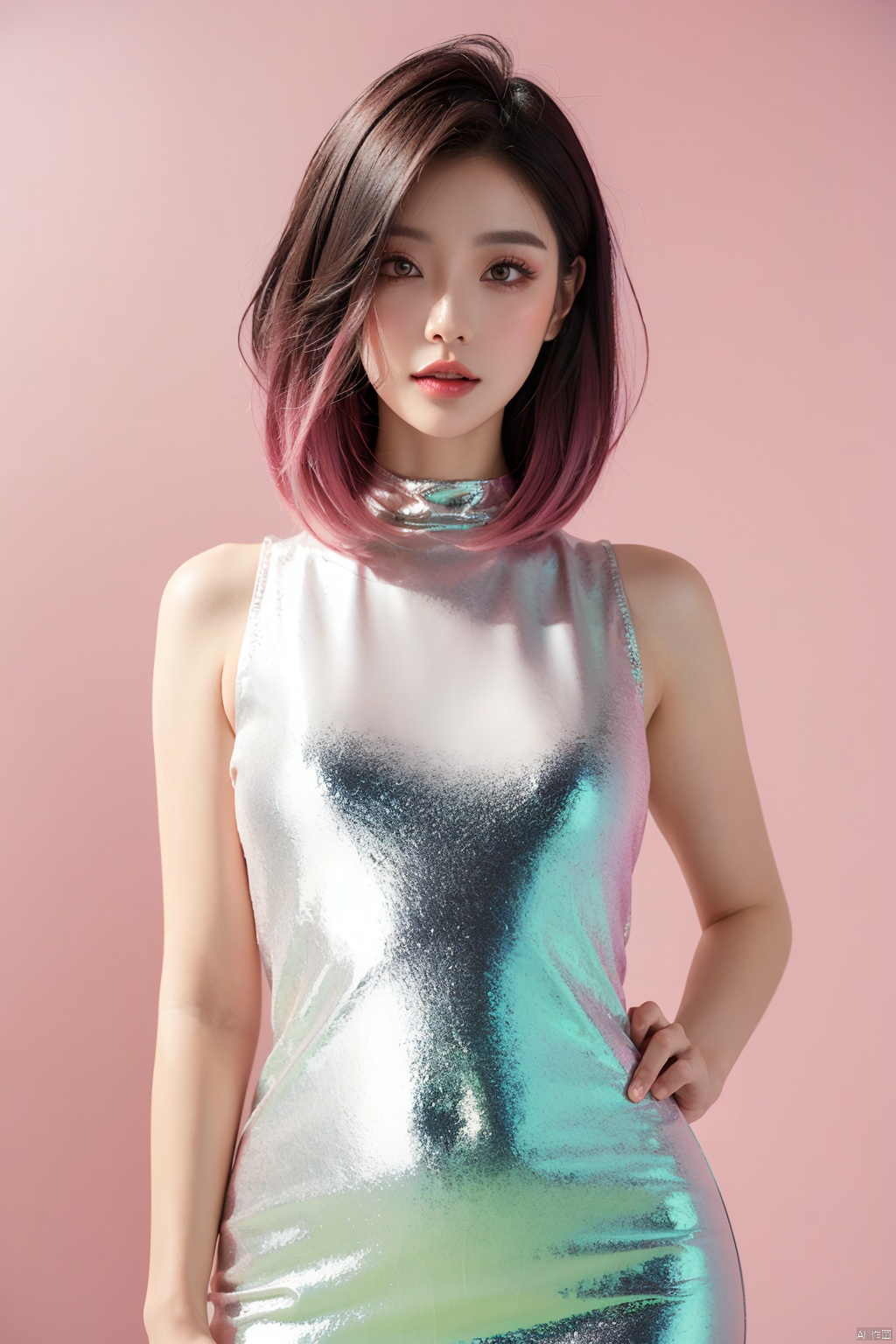 masterpiece, top quality, best quality,(close-up:1) (gradient Metallic tin foil background:1), ((1girl, gradient  gradient hair)), ( gradient Metallic tin foil dress,  pink eyeshadows)