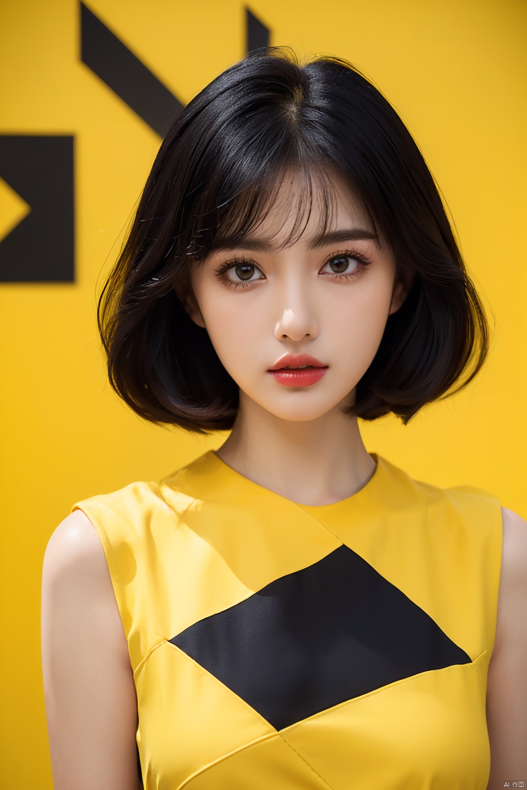 (masterpiece, top quality, best quality, ((standing in centre)), ((1girl, black hair)),  ((upper body, symmetrical composition)), ((wear yellow abstract patterns dress  bold lines, geometric shapes)),   (pure yellow abstract patterns background), ((studio light)) ((studio portrait)), emotional face,  face front, extreme detailed