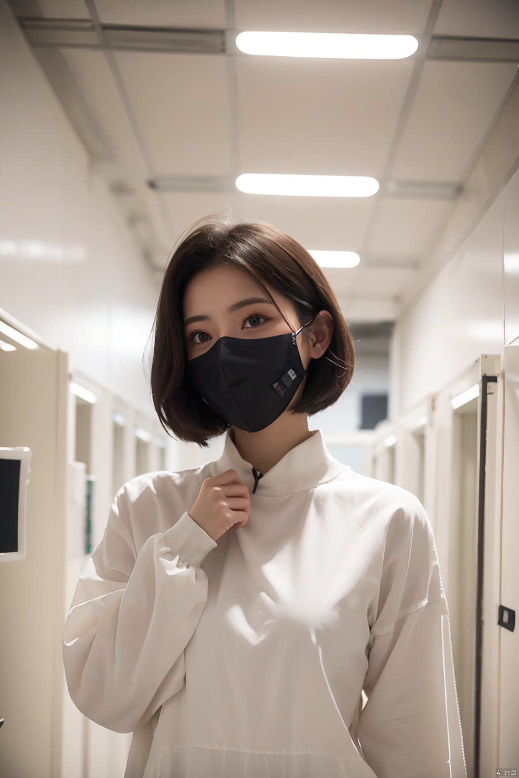 ((Upper body:1.5)) A girl stands in the center with short hair. She is located in a bright and pure white future laboratory tunnel with smooth white walls. Her clothes are cool,casual and British-(with white protective clothing) Chemical suits,chemical protective masks). With her hair partially falling around her face,her pose exudes a sense of freedom and joy,set against the bright white laboratory.,
