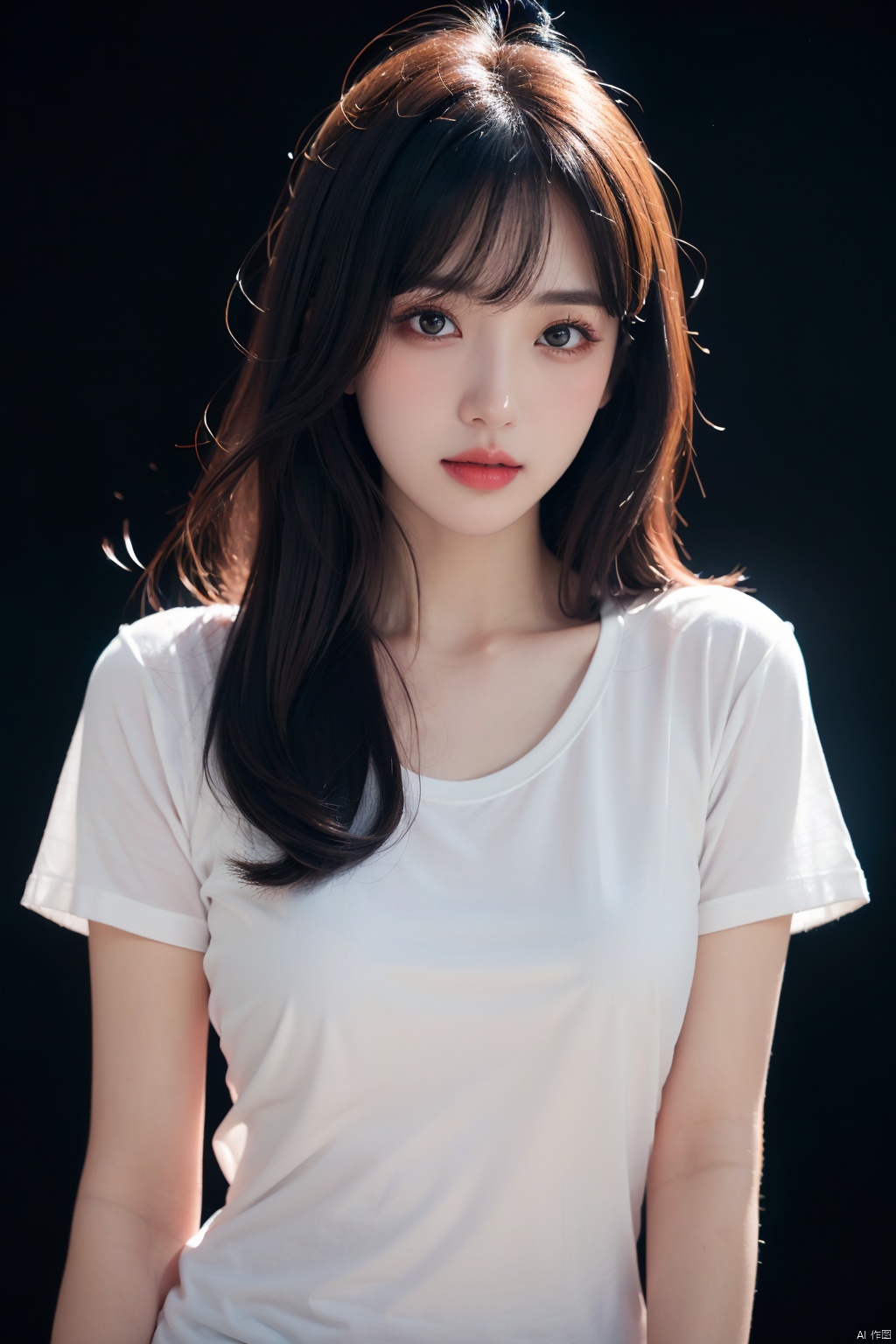 masterpiece, best quality, 1girl ((pure black background)), black hair, floating hair, blush, looking at viewers, white T-shirt, happy, ((front)),upper body, close-up, (studio light), soft light, dark style, night style
