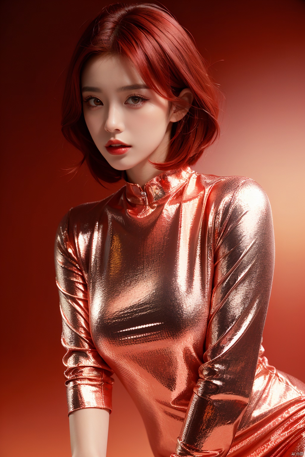 masterpiece, top quality, best quality,(close-up:1) (red Metallic tin foil background:1), ((1girl, red gradient hair)), (red gradient Metallic tin foil dress,  red eyeshadows)