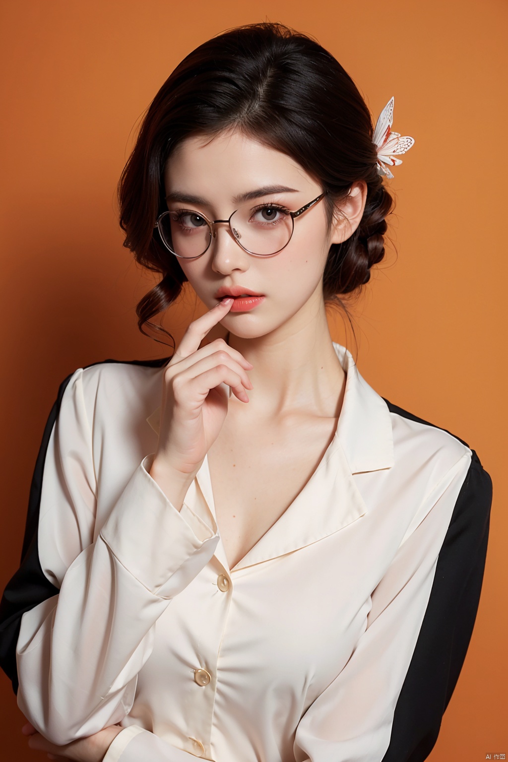 a photo of a glass woman, teenager, egirl, cosplay, 16yo, (Vintage hairstyle | Victory Rolls),butterfly glasses, big lips, round_eyewear, solo, pride, upper_body, (looking at the viewer:1.1), orange_background, realistic,pink Long-sleeved secretary blouse with high collar, 80s-style glasses, chin lifted , silhouette_lighting, epiCRealism, backlight silhouette_lighting, epiCRealism, backlight