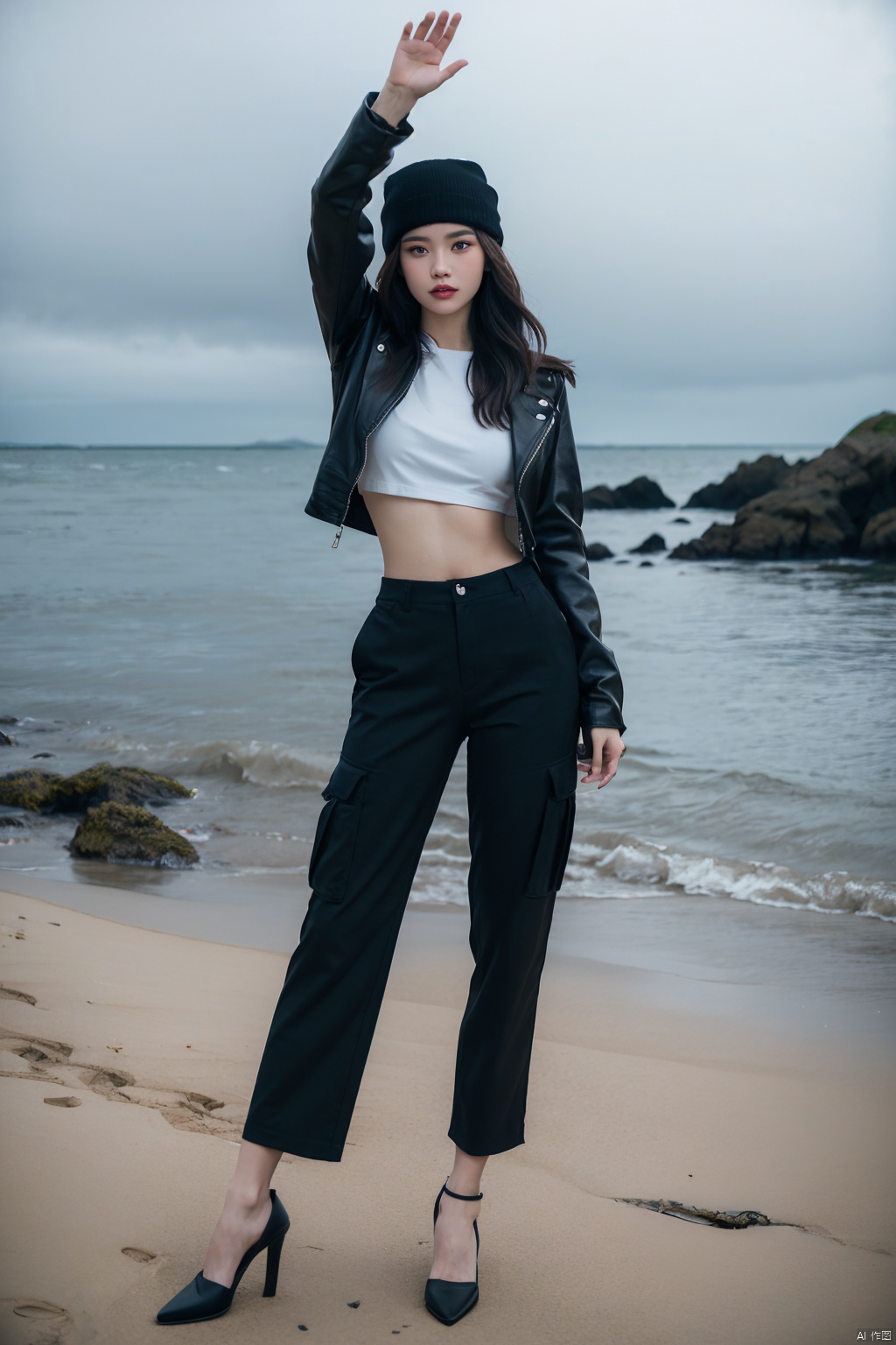 a young woman stands at the center, extending her arms wide against a vast, overcast seascape. She is positioned on a stony beach, where dark, smooth pebbles cover the ground. The ocean is calm with gentle waves lapping at the shore. Her attire is stylishly casual, with a street fashion vibeâshe sports a fitted grey crop top and voluminous black cargo pants, paired with a studded black leather jacket that adds a touch of rebellious flair. A black beanie caps her long hair that falls partially across her face, and she holds a black designer tote bag in her outstretched hand. Her posture exudes a sense of freedom and joy, embodying a spontaneous moment captured against the moody backdrop of an overcast sky and the tranquil sea.