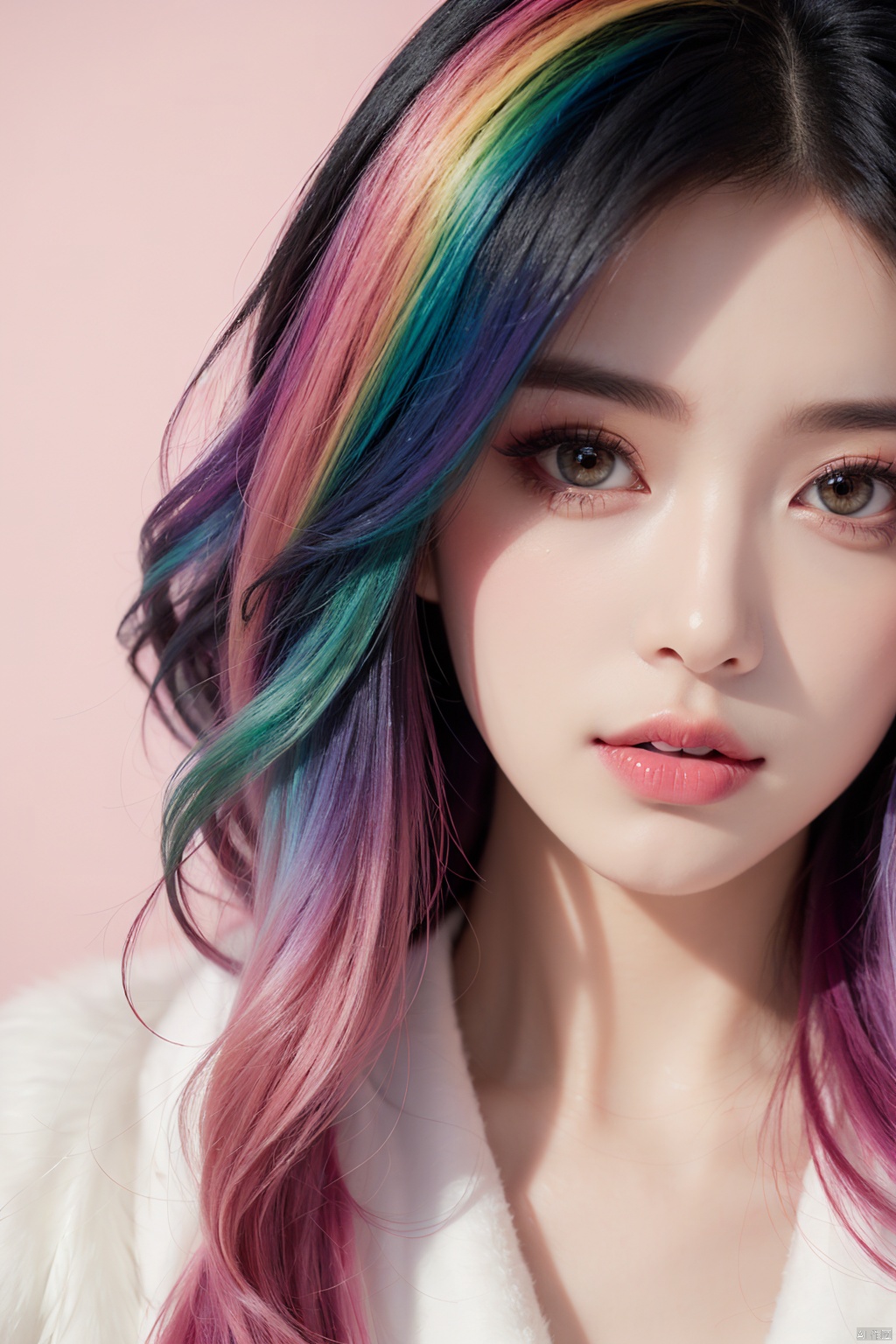 masterpiece, best quality, 1girl, pure rainbow background, ((rainbow swirling vortexes colourful hair)), wear white fur coat, ((long Hair)), front, emotional face, ((close up, studio light, studio)), (((makeup portrait, pink eye shadow)))
