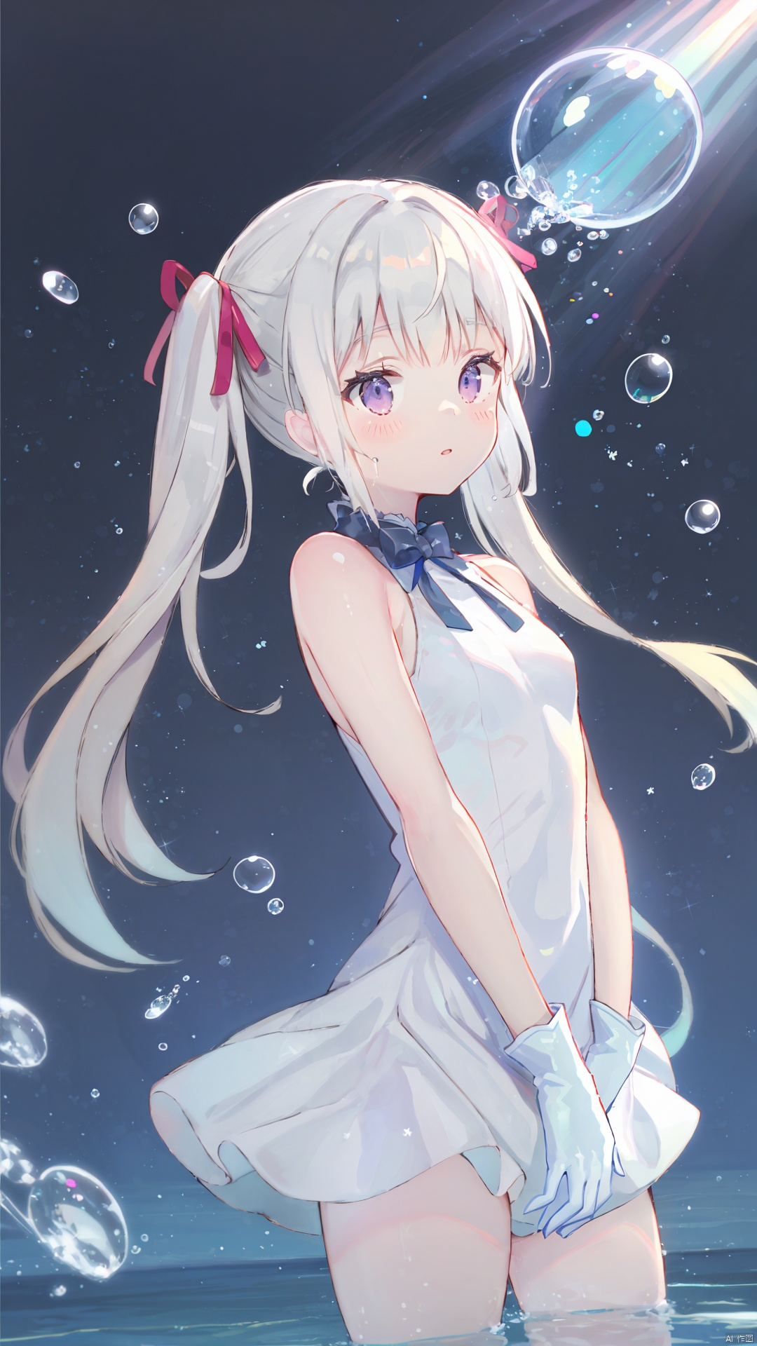  (masterpiece),(best quality)1girl, solo, long hair, bare shoulders, purple eyes, sleeveless dress, dress, parted lips, looking at viewer, sleeveless, gloves, white gloves, white dress, twintails, no panties, low twintails, breasts, cowboy shot, bubble, very long hair, small breasts, ribbon, groin, floating hair, bare arms, wings, blush, hair ribbon, hand up, air bubble