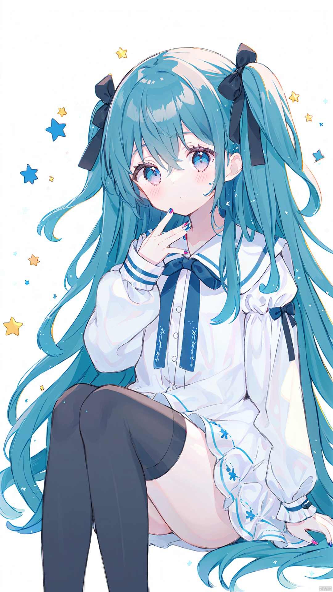 1girl, solo, long sleeves, two side up, thighhighs, white dress, feet out of frame, dress, blue hair, black thighhighs, long hair, blue eyes, black ribbon, star \(symbol\), hair between eyes, bangs, very long hair, pom pom \(clothes\), ribbon, hand up, blush, hair ribbon, looking at viewer, starry background, knees together feet apart, white background, checkered background, sleeves past wrists, closed mouth, pink nails, sitting, puffy long sleeves, puffy sleeves