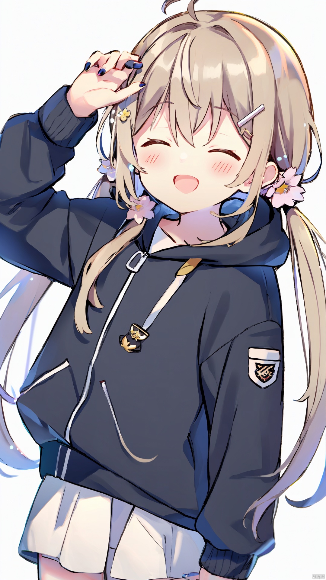 solo, hair ornament, 1girl, hair flower, closed eyes, flower, white background, white flower, smile, jacket, hood down, sleeves past wrists, long hair, simple background, facing viewer, bangs, hood, long sleeves, hairclip, blush, puffy long sleeves, virtual youtuber, ^_^, nail polish, :d, upper body, twintails, open mouth, hair between eyes, hooded jacket, brown hair, very long hair, low twintails, shirt