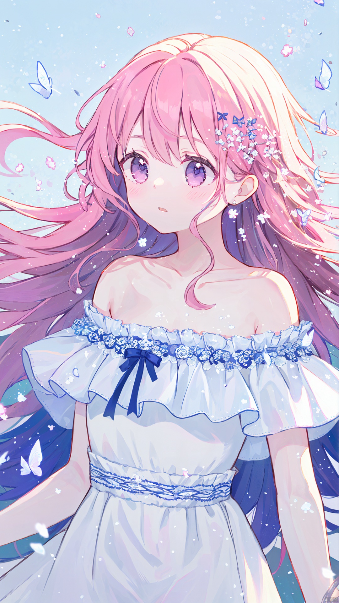 (masterpiece),(best quality), 1girl, solo, long hair, dress, bare shoulders, purple eyes, collarbone, upper body, pink hair, parted lips, off shoulder, white dress, floating hair, looking away, wind