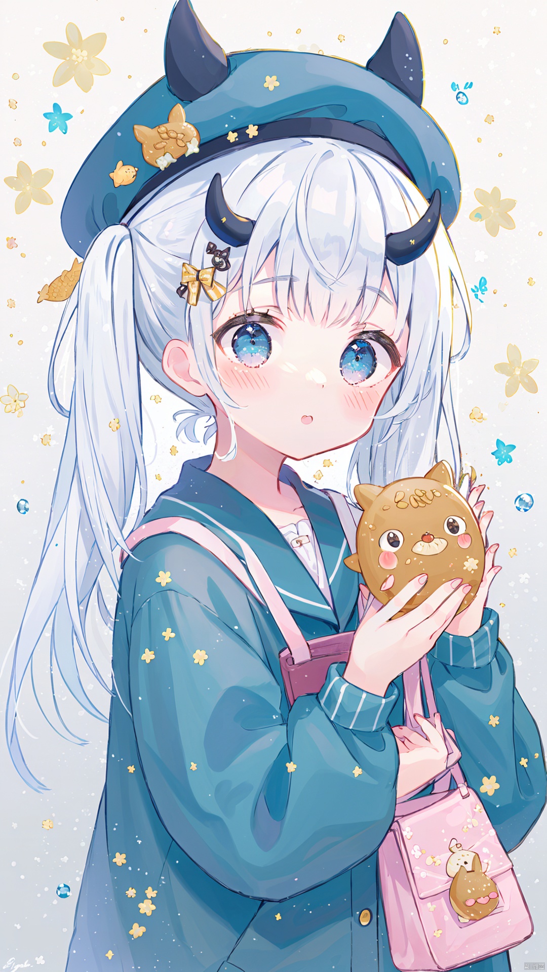 1girl, food, hat, holding, blue headwear, horns, solo, bangs, hair ornament, hairclip, wagashi, twintails, blue eyes, long hair, taiyaki, fake horns, looking at viewer, upper body, white hair, long sleeves, animal ears, bag, new year, blush, signature