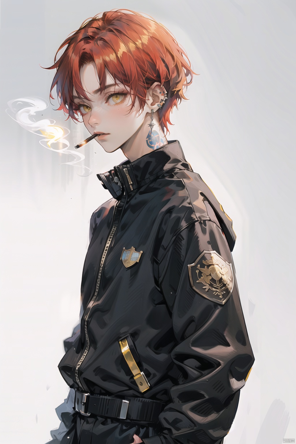 Best quality, masterpiece, 1boy, red hair, short hair, yellow eyes, spiky hair, tattoos, black pants, upper body, ear piercings, blue and white bomber jacket, profile picture, smoking