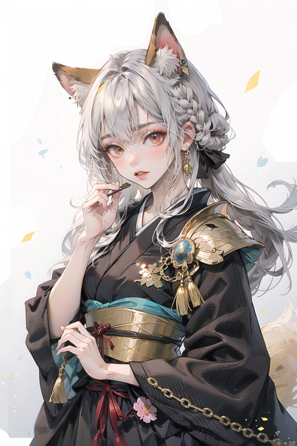 Woman with fox ears and tail holding a glave, wearing an japanesse armor, the scenario is a japan, heterochromia, red eyes