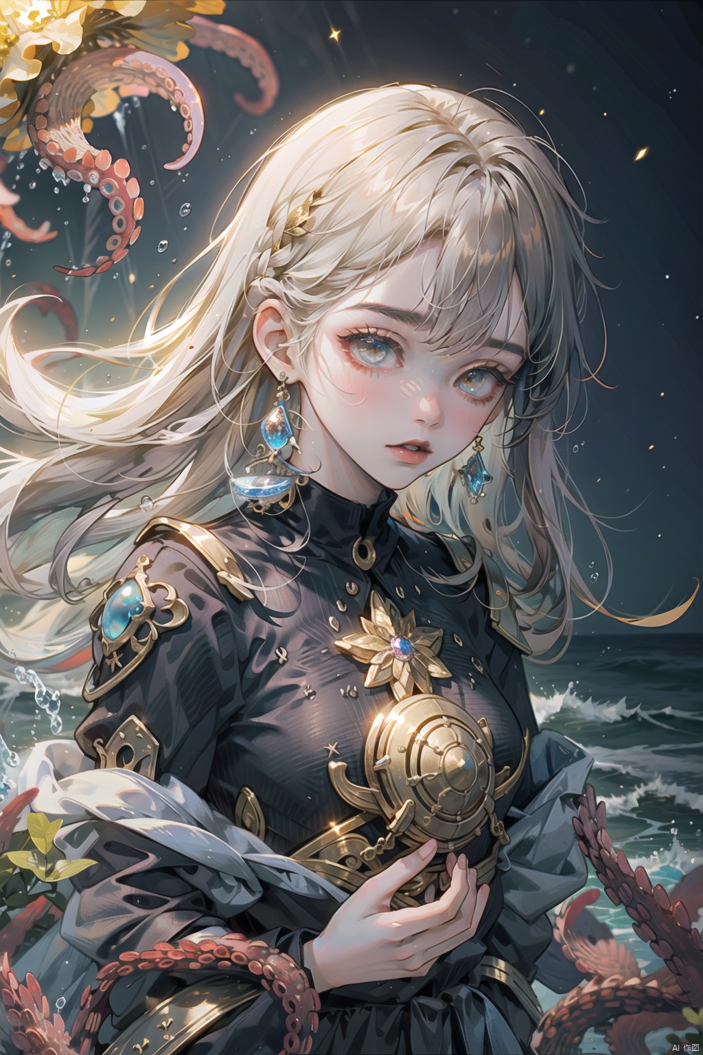 best quality,Amazing,Beautiful golden eyes,finely detail,Depth of field,extremely detailed CG unity 8k wallpaper,(1 girl :1.5),Deep sea background,jellyfish,masterpiece,fluttered detailed splashs, beautiful detailed water,cosmic eyes,Shock sensation,(realistic :0.5),octopus,original