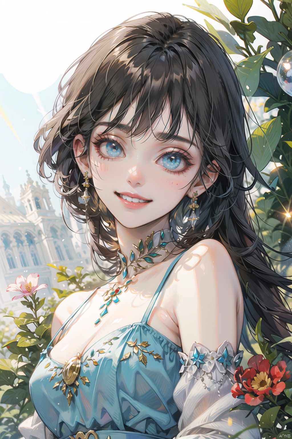 1girl, Beautiful eyes, detailed eyes, big eyes, grin, fine face,christmas party outfit //Fashion (Georges Hobeika :1.3), //Background Beautiful blue sky, calm sunshine, flower garden