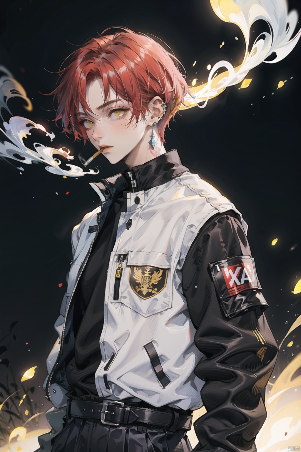 Best quality, masterpiece, 1boy, red hair, short hair, yellow eyes, spiky hair, tattoos, black pants, upper body, ear piercings, blue and white bomber jacket, profile picture, smoking