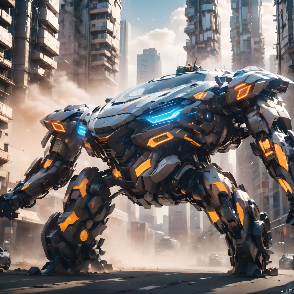 A super mecha combat vehicle, sports car, future technology, complex structure, luminous sports car, multi-light sports car, mecha structure, luminous headlights, line light on the car body, driving in the street, buildings, cities, ruins, smoke, depth of field, best quality, masterpiece, 8k.