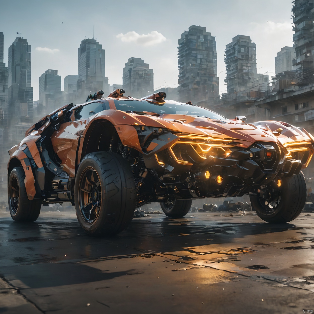  A super mecha combat vehicle, （sports car：1.5）, best quality, masterpiece, 8k., circuitboard