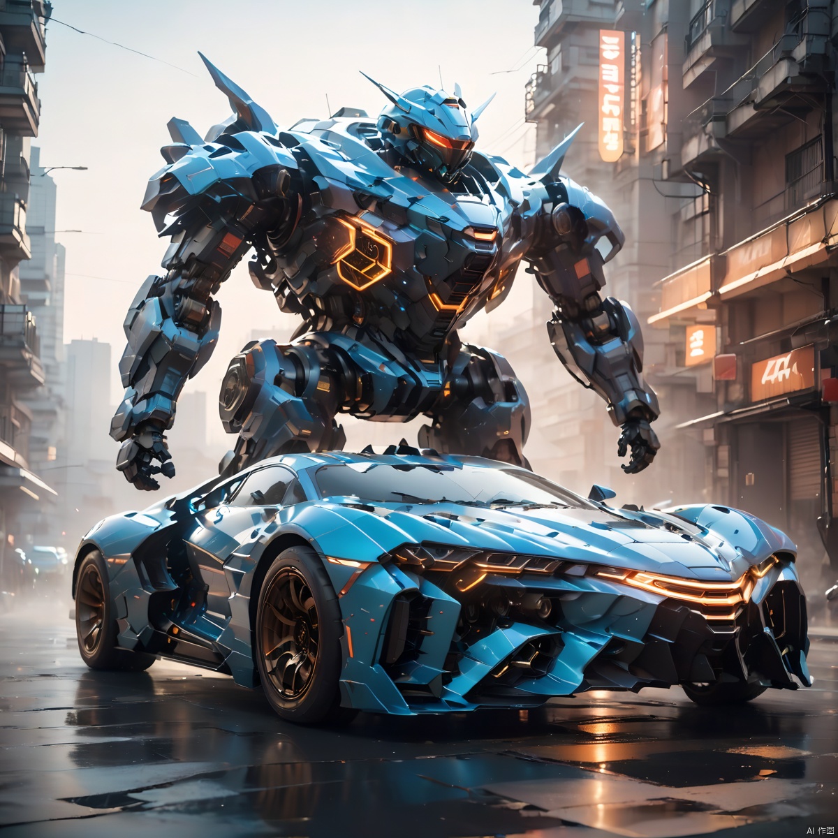  A super mecha combat vehicle, （sports car：1.5）, future technology, complex structure, luminous sports car, multi-light sports car, mecha structure, luminous headlights, line light on the car body, driving in the street, buildings, cities, ruins, smoke, depth of field, (best quality, masterpiece, 16k:1.5), circuitboard