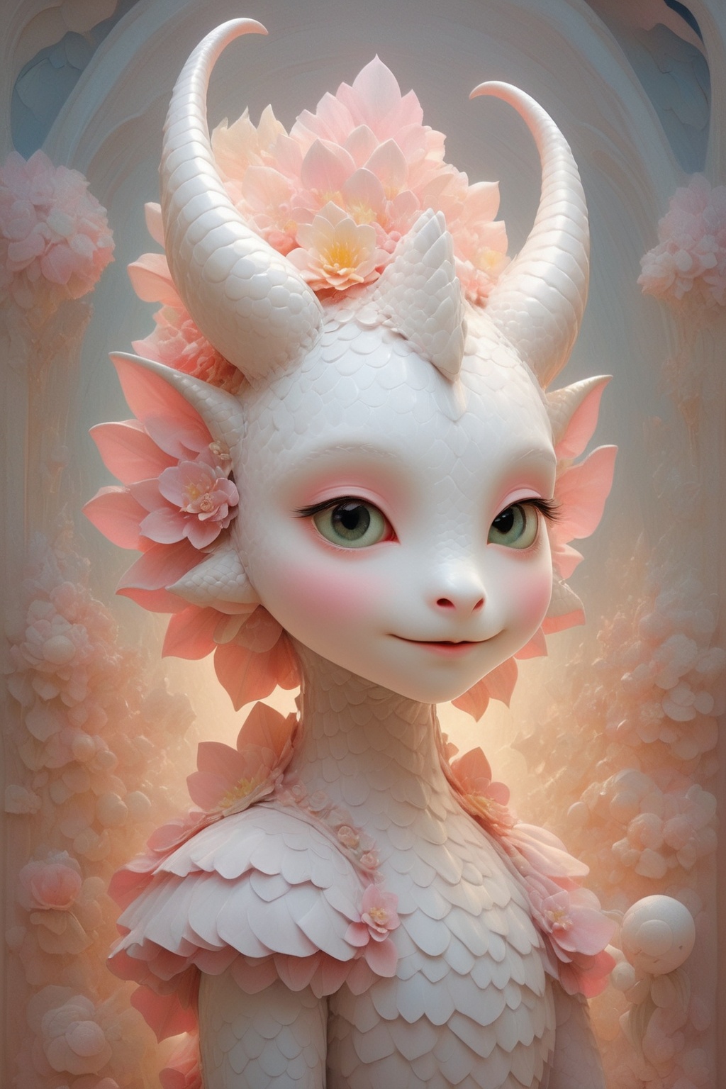 A beautiful and whimsical elusive pop noir surrealism,  art of cute dragon bride,  holding a bouquet on Tensor.Art